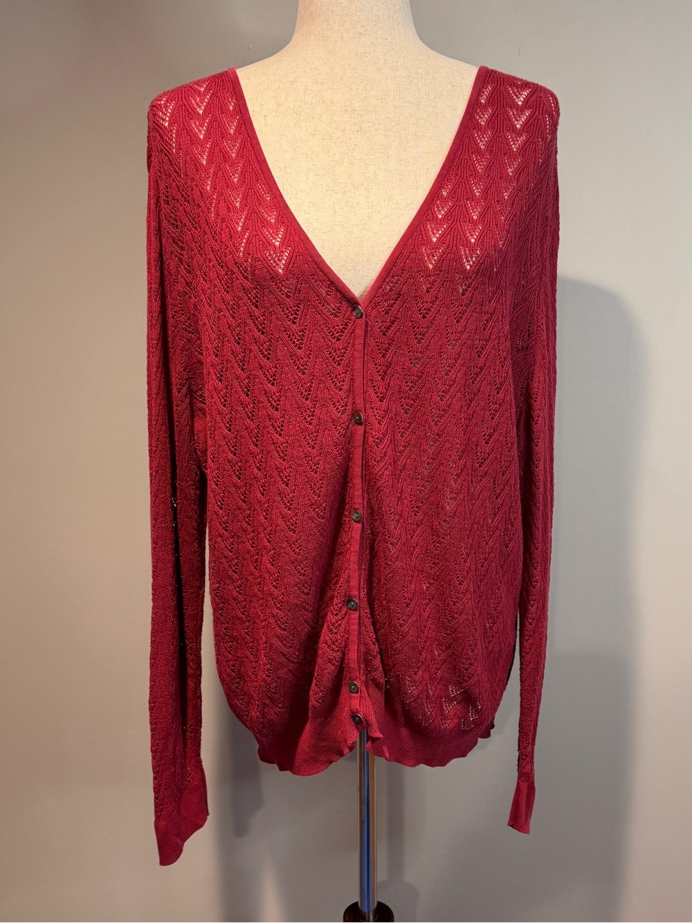 Eddie Bauer Vintage Red Pointelle Open Knit Button Front Cardigan Sweater XL